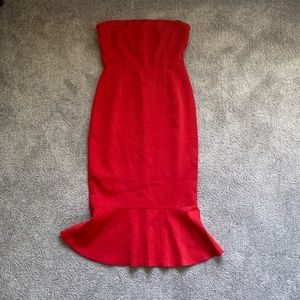 Red strapless mermaid midi dress